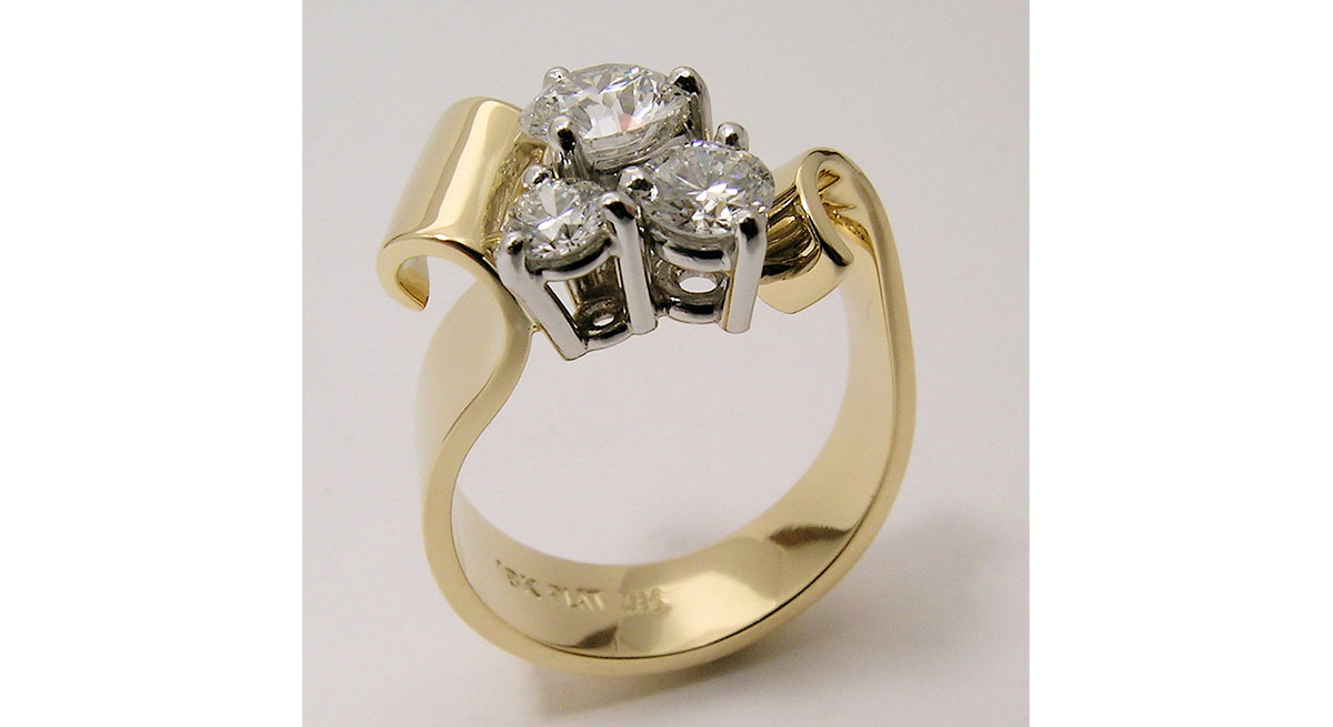 Waterton Jewelry, Three, Diamond, Puzzle, Ring, Ribbon, Gold, Band, Engagement