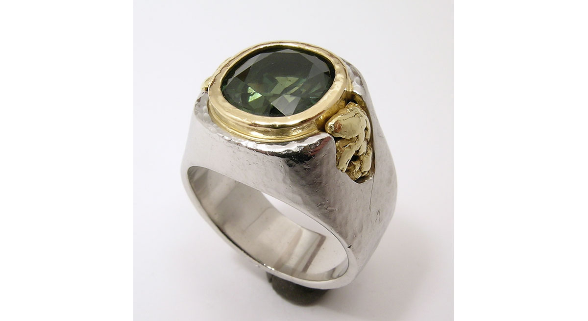 Waterton Jewelry, Bezel, Stone, Green, Mens, Ring, Gold, Nugget, Hammered